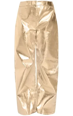 Gold Metallic Faux Leather Straight Leg Tailored Pants