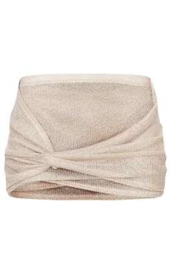 Gold Metallic Knit Knot Detail Mini Skirt