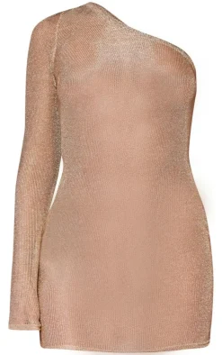 Gold Metallic Knit One Sleeve Bodycon Dress