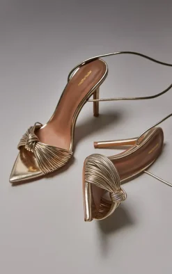 Gold Metallic Pu Point Toe Knotted Strappy High Heeled Sandals