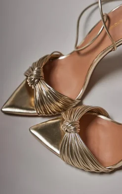 Gold Metallic Pu Point Toe Knotted Strappy High Heeled Sandals