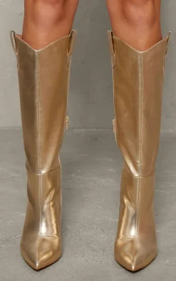 Gold Metallic Pu Point Toe Western Knee High Stiletto Heeled Boots