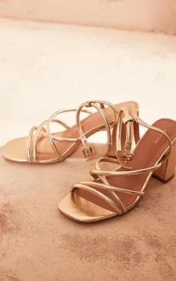 Gold Metallic Pu Round Toe Multi Strap Block Heeled Sandals