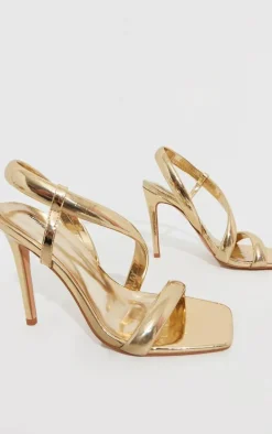 Gold Metallic PU Square Toe Padded Asymmetric High Heeled Sandals