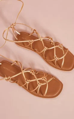 Gold Metallic Real Leather Square Toe Knotted Strap Tie Up Sandals