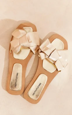 Gold Metallic Real Leather Square Toe Bow Strap Detail Flat Mule Sandals