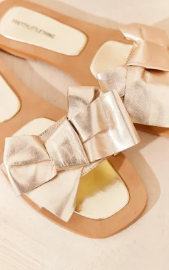 Gold Metallic Real Leather Square Toe Bow Strap Detail Flat Mule Sandals