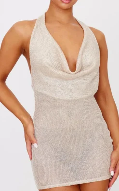 Gold Metallic Ribbed Cowl Neck Mini Dress