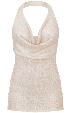 Gold Metallic Ribbed Cowl Neck Mini Dress