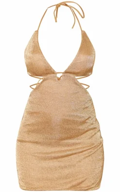 Gold Metallic Sheer Halterneck Cut Out Mini Dress