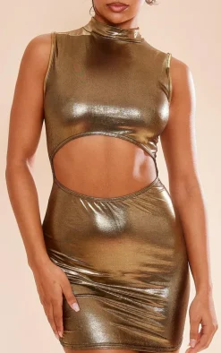 Gold Metallic Slinky High Neck Cut Out Bodycon Dress