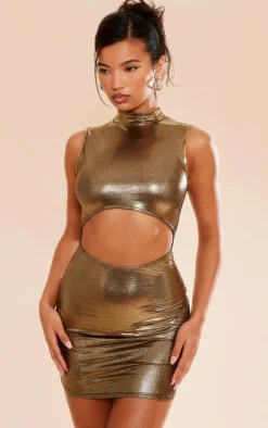Gold Metallic Slinky High Neck Cut Out Bodycon Dress