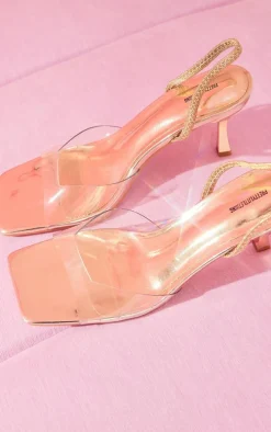 Gold Metallic Square Toe Clear Strap Low Heeled Sandals