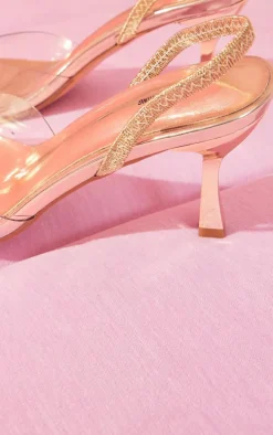 Gold Metallic Square Toe Clear Strap Low Heeled Sandals