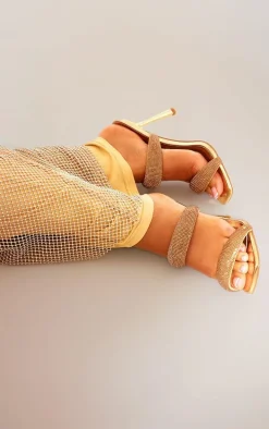 Gold Metallic Square Toe Diamante Padded Strap Heeled Sandals