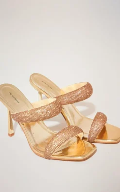 Gold Metallic Square Toe Diamante Padded Strap Heeled Sandals