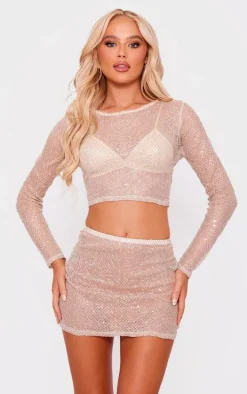 Gold Metallic Textured Mesh Dipped Hem Mini Skirt