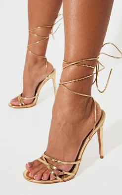 Gold Metallic Wide Fit Round Toe Lace Up High Heeled Sandals