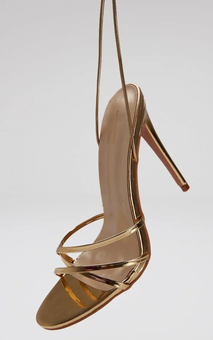 Gold Metallic Wide Fit Round Toe Lace Up High Heeled Sandals