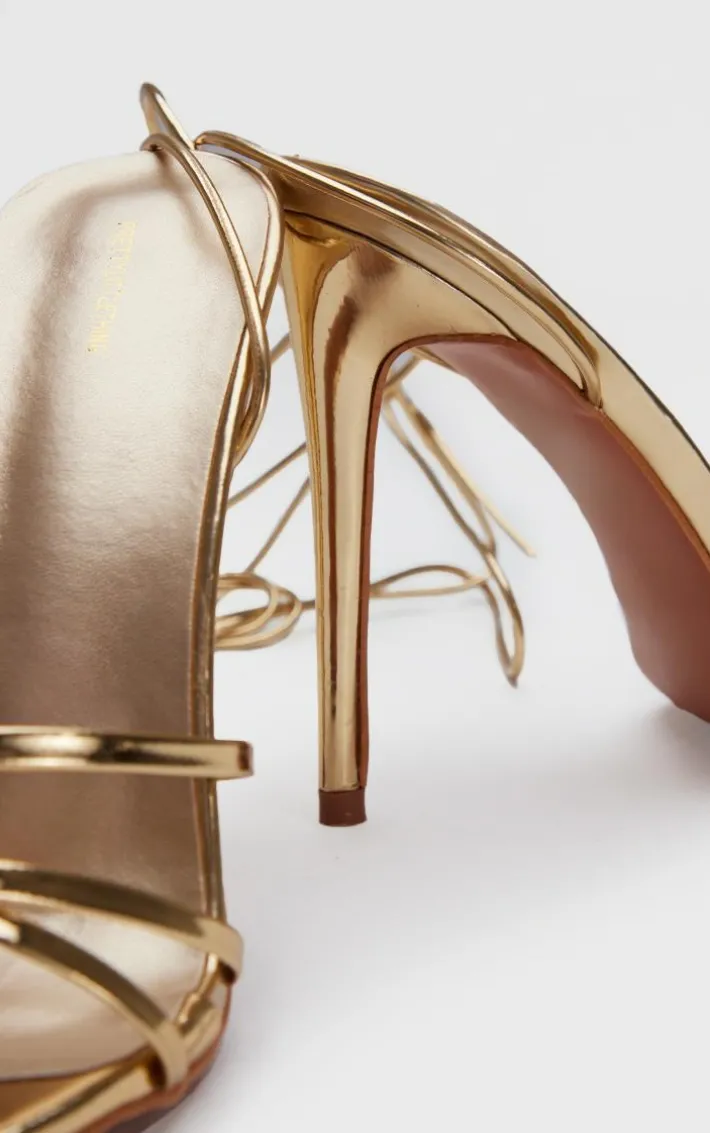 Gold Metallic Wide Fit Round Toe Lace Up High Heeled Sandals