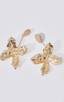 Gold Molten Flower Drop Statement Earrings