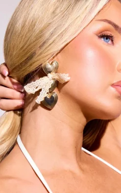 Gold Molten Heart Lace Bow Statement Earrings