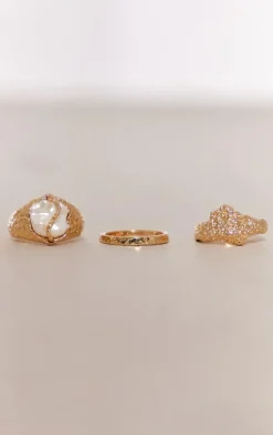 Gold Molten Set Pearl Multipack Rings