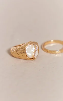 Gold Molten Set Pearl Multipack Rings