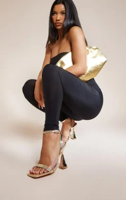 Gold Patent PU Mid Flare Heeled Sandals