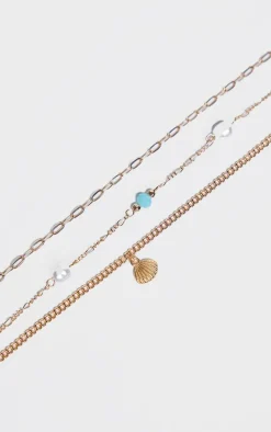 Gold Pearl & Shell Detail Layered Anklet