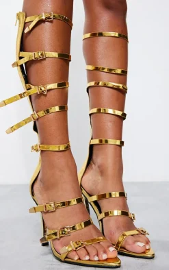 Gold Pointed Multi Buckle Strap Knee High Heeled Sandals