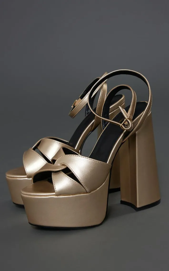 Gold Pu Chucky Platform Intertwined Strap Block Heeled Sandals