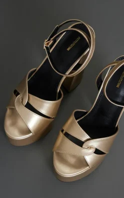 Gold Pu Chucky Platform Intertwined Strap Block Heeled Sandals