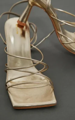 Gold PU Metallic Square Toe Cross Over Strappy Mid Heeled Sandals