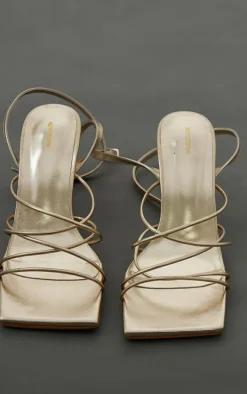 Gold PU Metallic Square Toe Cross Over Strappy Mid Heeled Sandals