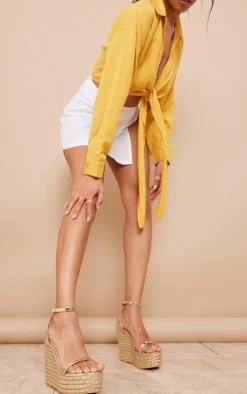 Gold PU Metallic Strap Espadrille High Heeled Wedges