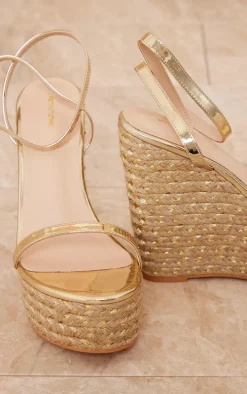 Gold PU Metallic Strap Espadrille High Heeled Wedges