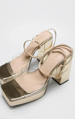 Gold PU Perspex Strap Platform Heeled Sandal