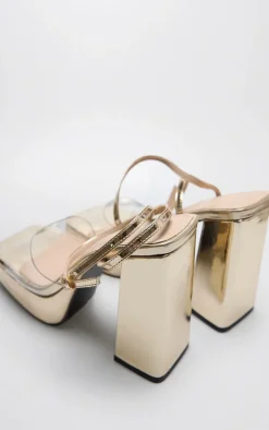 Gold PU Perspex Strap Platform Heeled Sandal