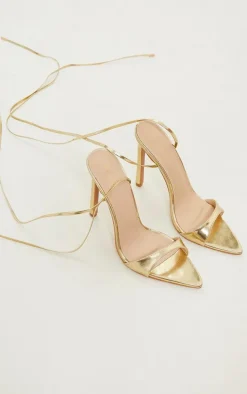 Gold PU Point Toe Lace Up High Heeled Sandals