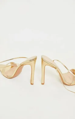 Gold PU Point Toe Lace Up High Heeled Sandals