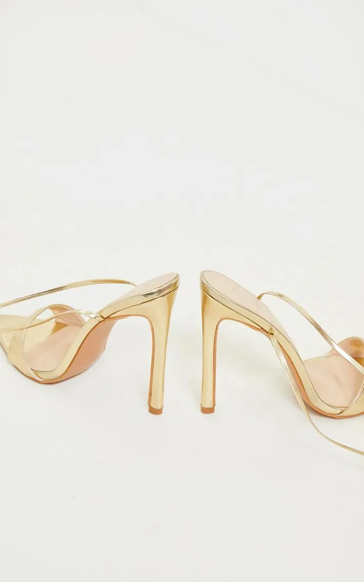 Gold PU Point Toe Lace Up High Heeled Sandals