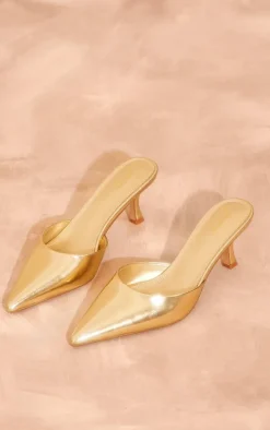 Gold PU Point Toe Low Heeled Mules