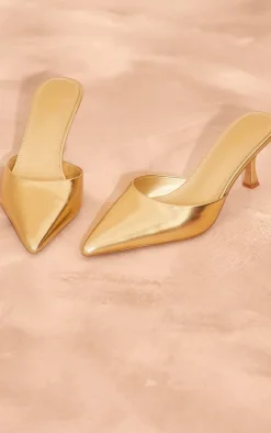 Gold PU Point Toe Low Heeled Mules
