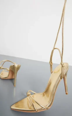 Gold PU Point Toe Metallic Strappy Lace Up Heeled Sandals