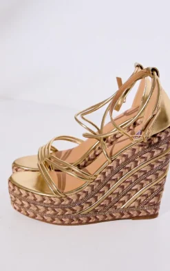 Gold PU Round Toe Asymmetric Strap Diamante Platform Heeled Wedges