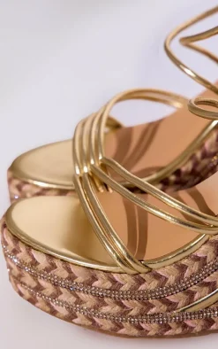 Gold PU Round Toe Asymmetric Strap Diamante Platform Heeled Wedges