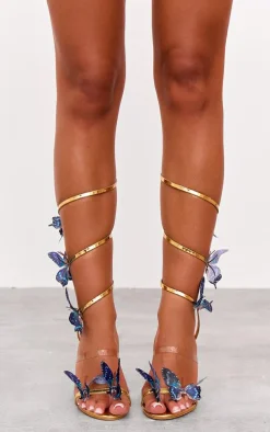 Gold PU Round Toe Blue Butterfly Spiral Strap High Heeled Sandals