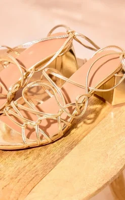 Gold PU Round Toe Lace Up Strappy Block Heeled Sandals