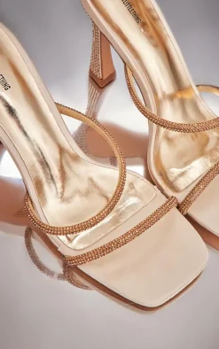 Gold PU Square Toe Diamante Spiral High Heeled Sandals